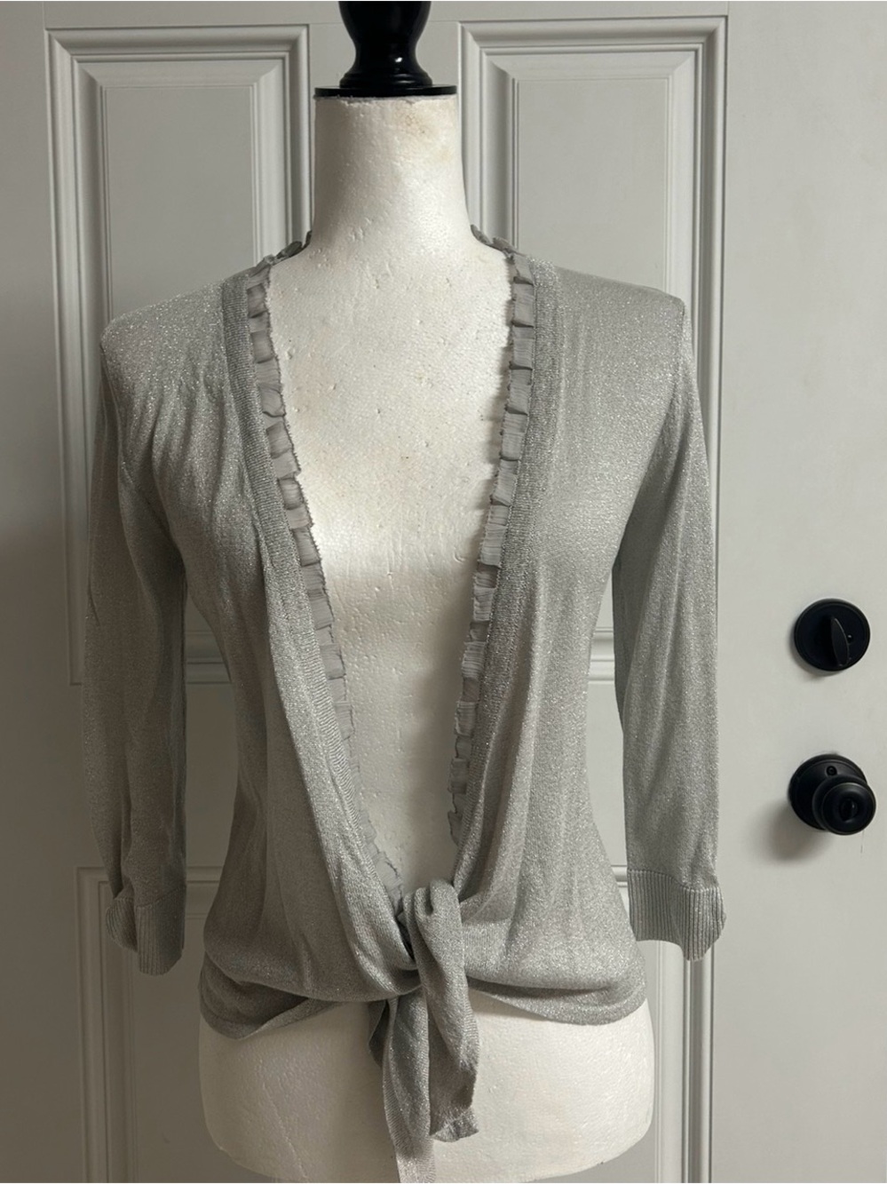 WHBM Silver Metallic Tie Front Cardigan Size Small